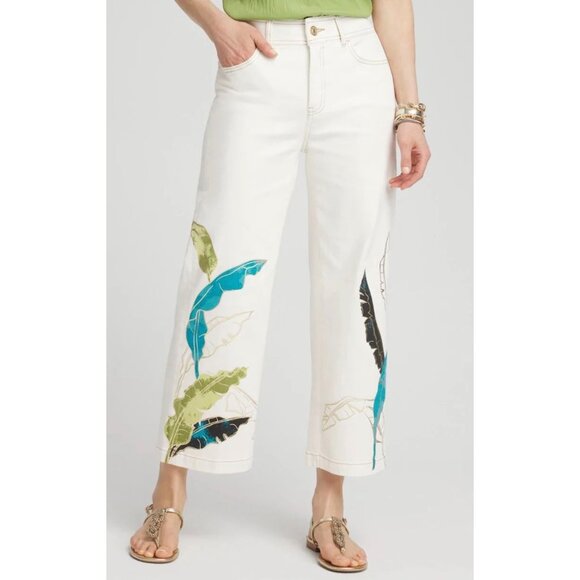 Chicos Pants Size 8 Tropical Wide Leg Cropped Ivory Trouser Jeans - Picture 1 of 16